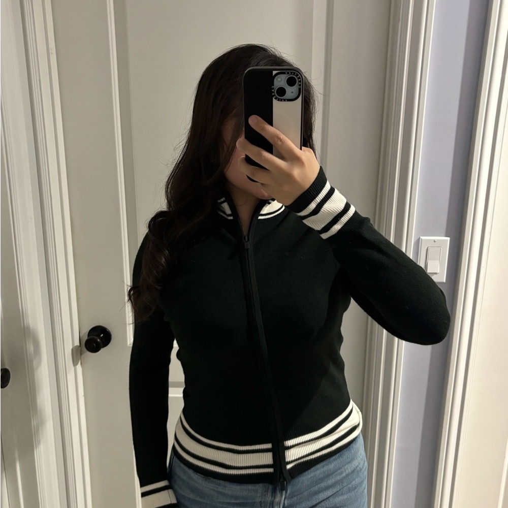 🍎🍎 SOLD🍎🍎PINK Victoria's Secret Black Varsity Jacket with White Stripes, Size: M